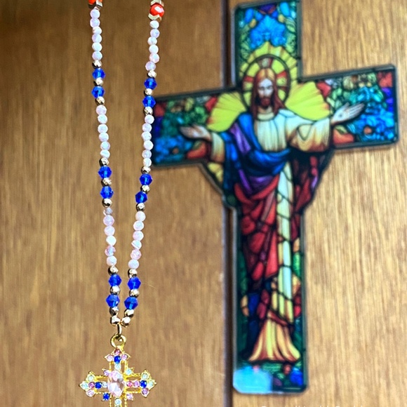 Rhodochrosite with Austrian Crystals Christian Cross Necklace - Picture 8 of 11